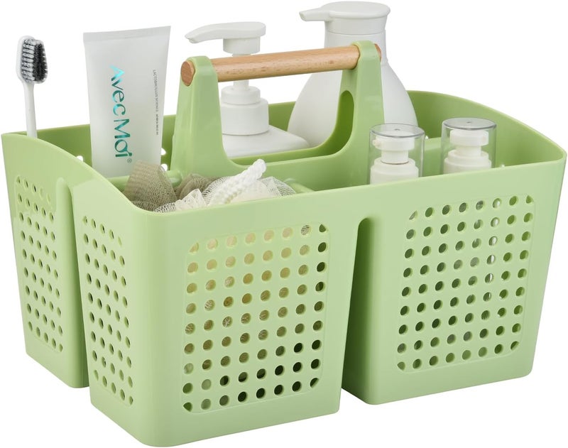 PAKCHOICE Portable Shower Caddy Basket with Compartments, Plastic Divided Cleaning Caddy Organizer Storage Tote with Handle for Bathroom, College, Dorm Room Essentials, Grass Green - Image 1